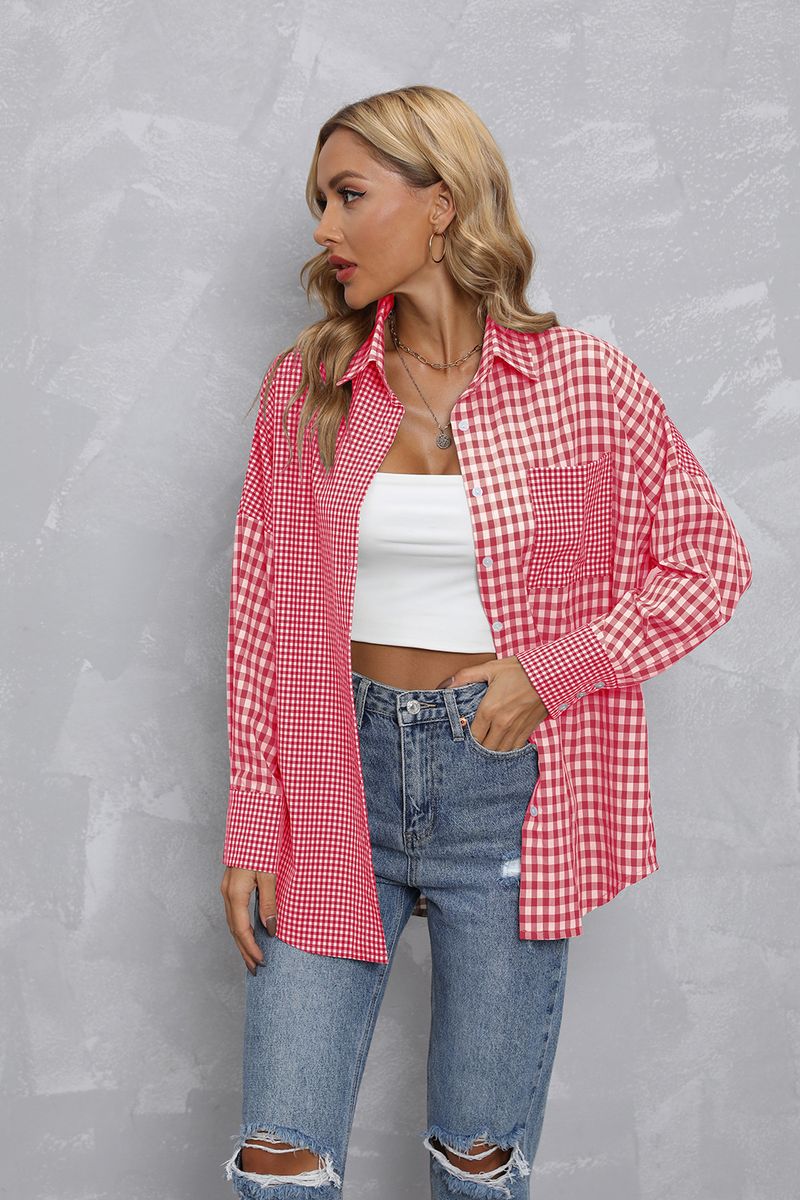 Damen Top Revers Plaid Farblich passendes lockeres Freizeithemd_voghion.com