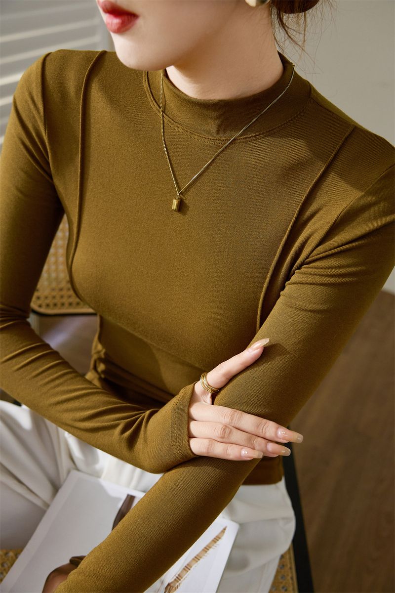 Women's Clothing Maillard high end design 2024 autumn and winter new half high collar T shirt women's long sleeved slim bottoming shirt top trend_voghion.com