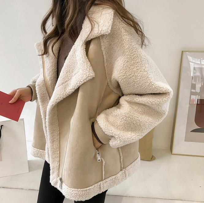 Wanter New loose Pelz Integréiert Suede Mantel Fraen kuerz Lämmche Fleece Motorrad Jackett_voghion.com