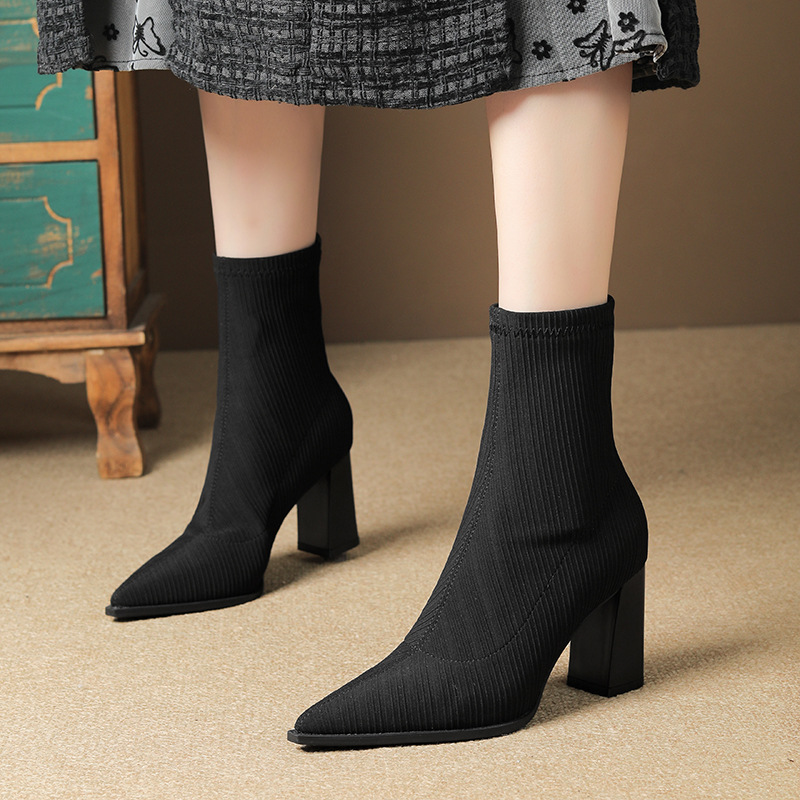 Suitable For All Seasons 3368-1 Knitted Sock Boots For Women, Chunky Heel, Pointed Toe, Petite High Heel Ankle Stretch Slim Boots, 2024 Autumn_voghion.com