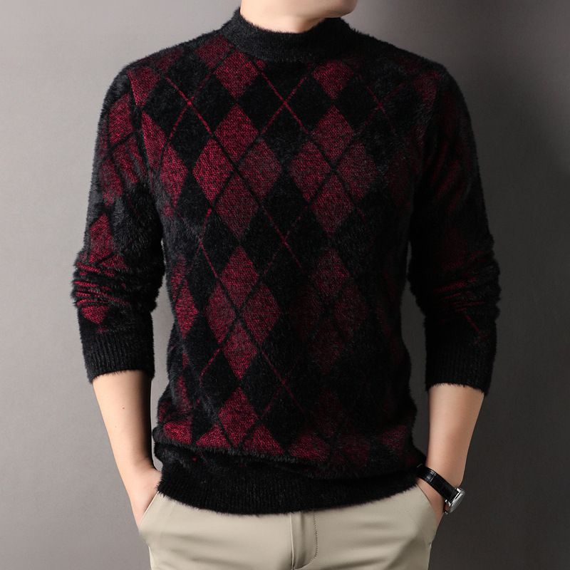 Maglione girocollo con base a griglia a rombi in velluto di visone da uomo di mezza età, casual e versatile, da papà_voghion.com