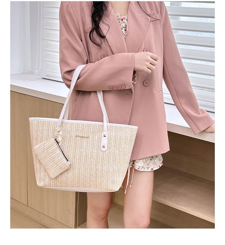 Borse da donna, borsa di paglia di grande capacità, per pendolari, per donne, madre e bambino, set da 2 pezzi, borsa da ascella con colori a contrasto_voghion.com
