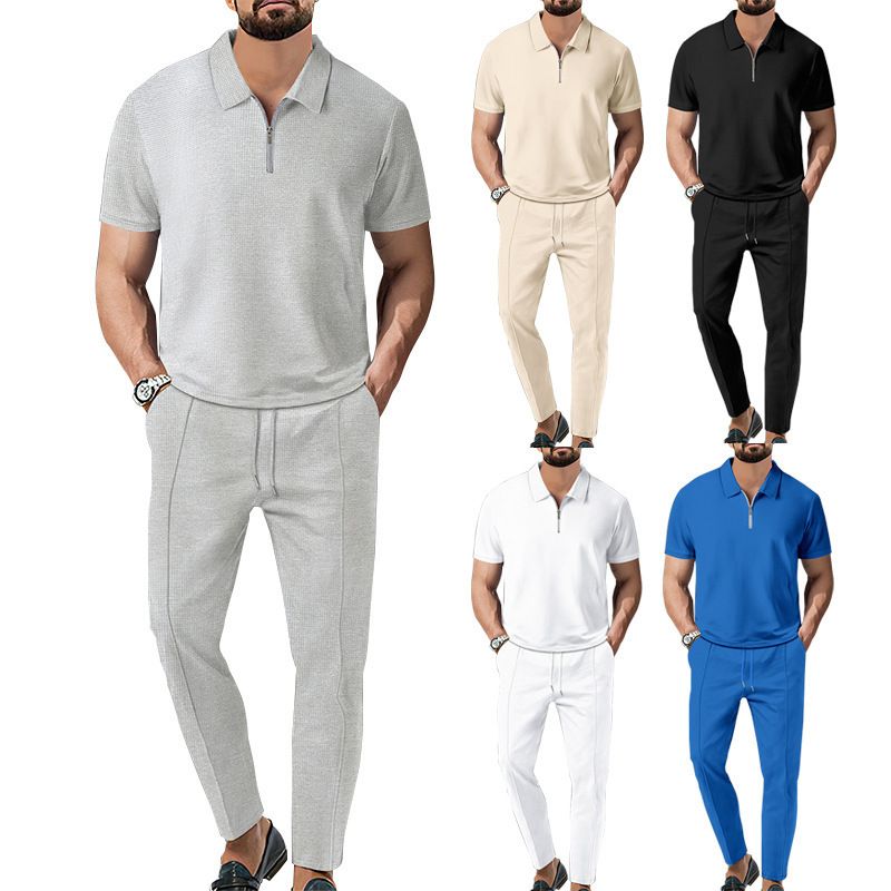 2025 Frühling und Herbst Neue Herren Einfarbig Anzug Waffel Kragen Kurzarm Zipper Lange Hosen Set_voghion.com