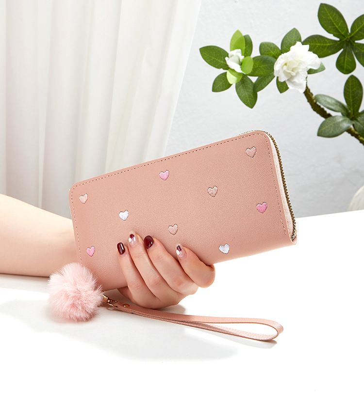 Women's Long Zip Wallet With Heart Embroidery - Fashionable Slim Clutch Purse (Multiple Card Slots, RFID Protection)_voghion.com