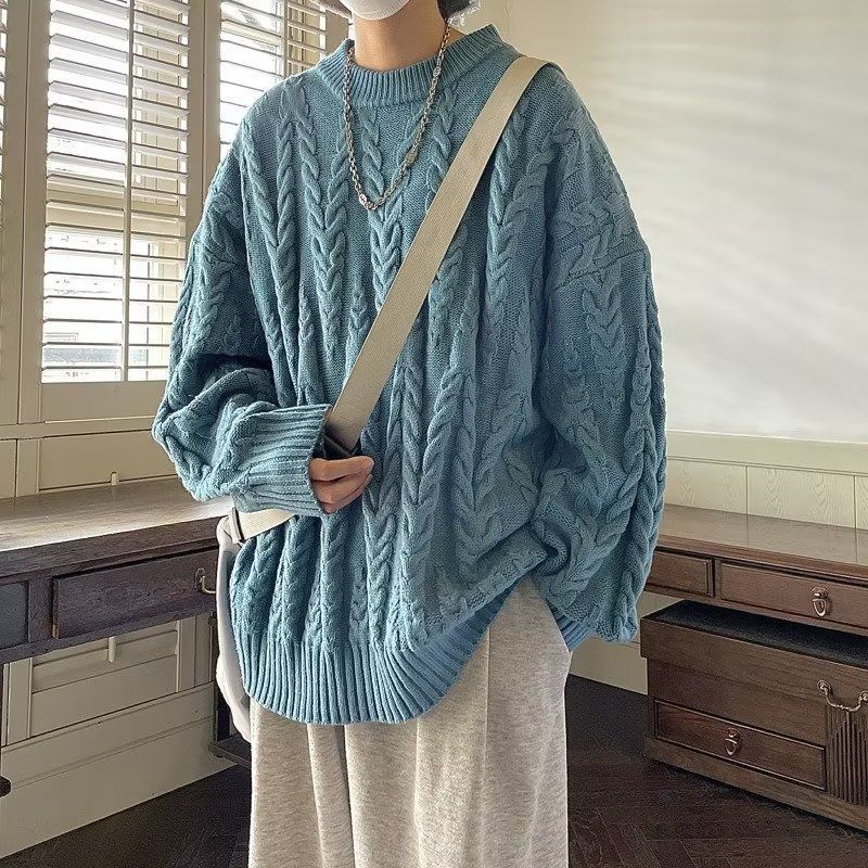 Men's Round Neck Knitting Coat Men's Design Fried Dough Twists Loose Lazy Sweater_voghion.com