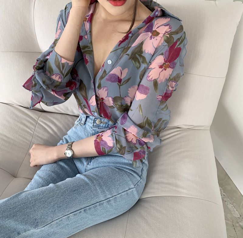2024 spring/summer floral chiffon women's slim fit, simple and stylish long sleeved design_voghion.com