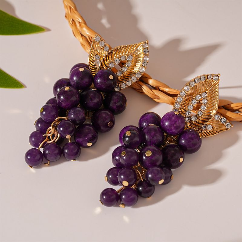 Artificial stone diamond grape fruit silver needle earrings niche premium fruit earrings_voghion.com