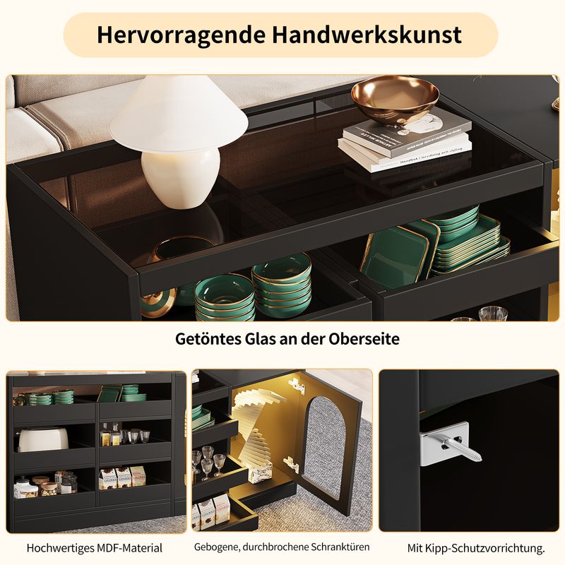 Kommode Schwarz Mit 6 Schubladen, LED-Licht, Hohlschranktür_voghion.com