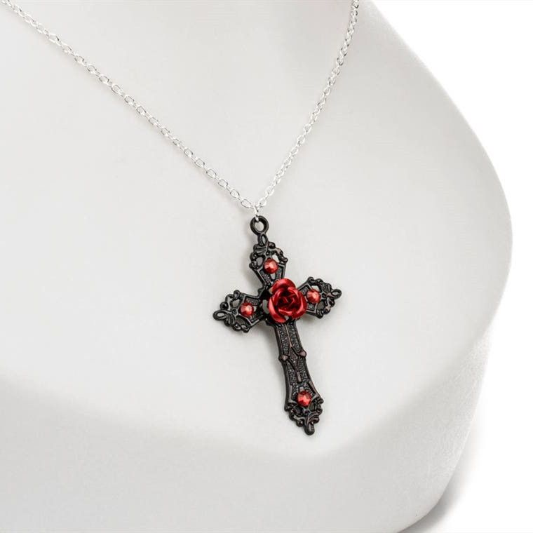 Collane Collana con grande croce nera, smalto rosa e cristallo_voghion.com