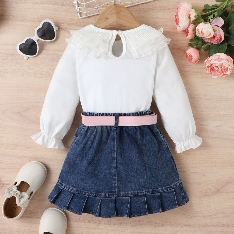 Mutter & Kinder Kinderkleidung Mädchen Einfarbiger Pullover Langarmoberteil Denim Offene Tasche Faltenrock Multi Schnalle Gürtelanzug_voghion.com