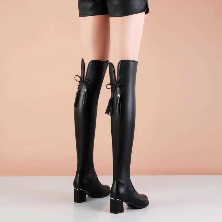 Damen-Overknee-Stiefel mit Stretchanteil – Winter- und Herbstmode, Stiefel mit dickem Absatz, bequeme Stiefel mit breiter Wade für dicke Beine, schwarze hohe Stiefel_voghion.com