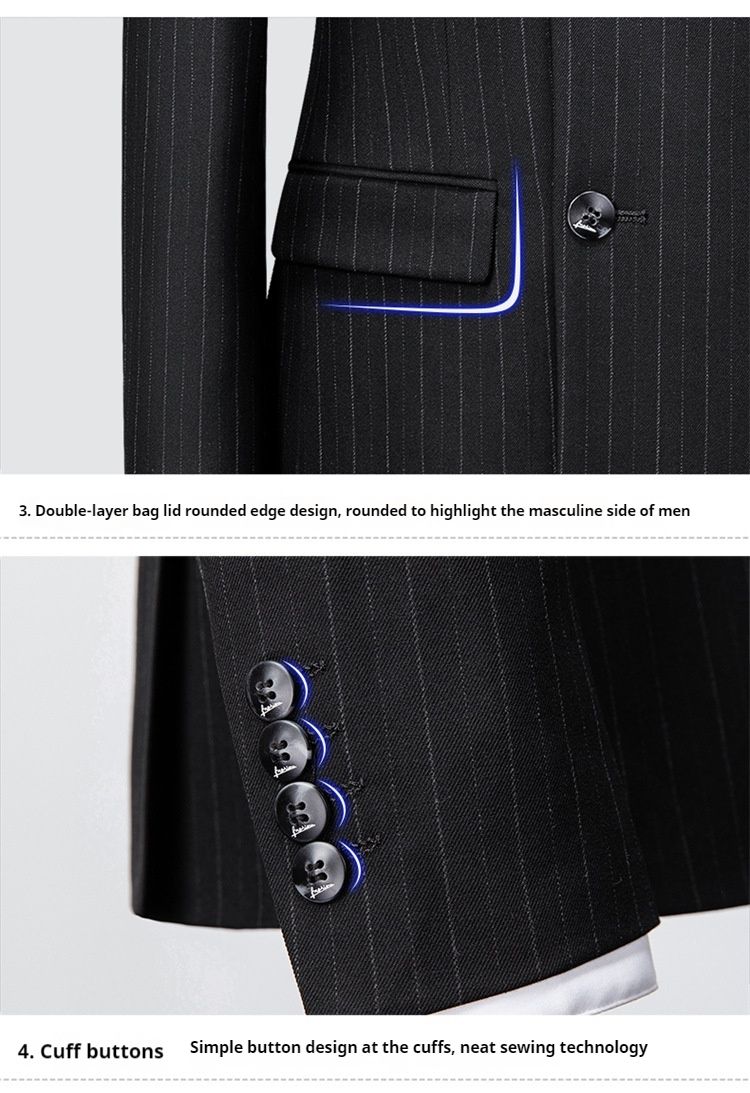 2024 Nuovo tre pezzi casual con colletto con fibbia, abito nero a righe coreano, completo da uomo slim fit_voghion.com