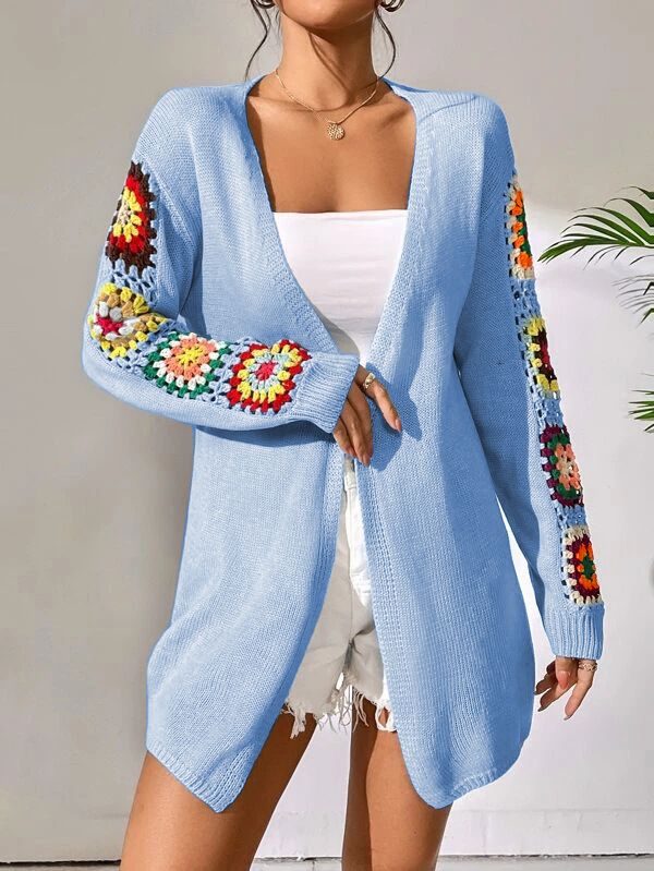 Women's Clothing Front Open Crochet Insert Hand Crochet Colorful Hook Flower Drop Shoulder Bohemian Casual Cardigan Knit Sweater_voghion.com