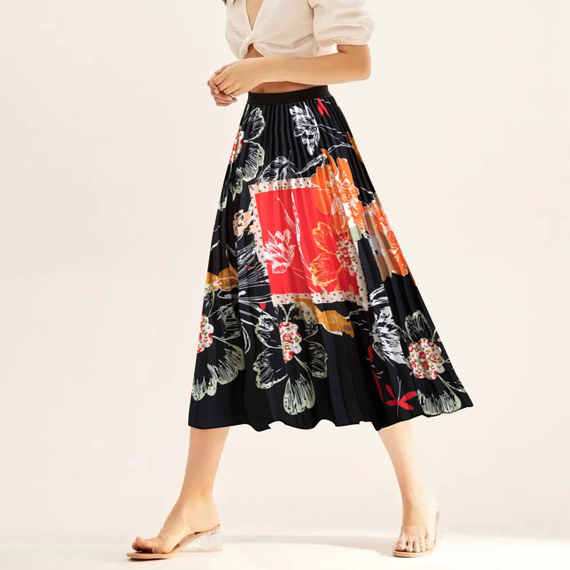 Gonna da donna a pieghe di media lunghezza con stampa digitale, moda casual, versatile, elastica in vita_voghion.com