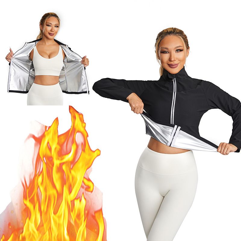 Tuta da sauna a maniche lunghe con collo alto per fitness, corsa, yoga e perdita di peso, traspirante e traspirante, con cerniera_voghion.com