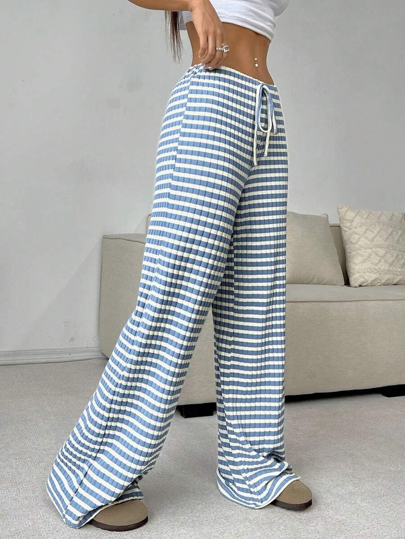 Dameskleding Lente en herfst Dames gestreepte elastische hoge taille gebreide trekkoord casual draperende joggingbroek_voghion.com