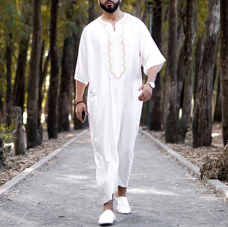 Muslimesch Abaya Loose Casual V-Ausschnëtt Mëttärmlech Onesie_voghion.com