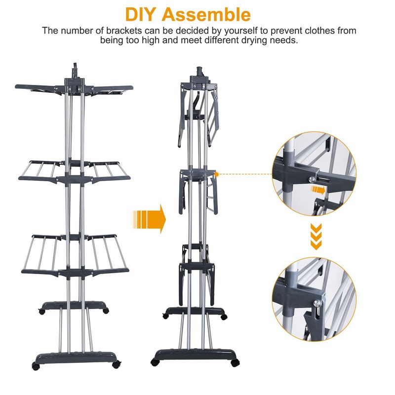Clothes Drying Rack Rolling Collapsible Laundry Dryer Hanger Stand Rail Shelve Wardrobe Clothing Drying Racks W/ Dual Side Wings_voghion.com