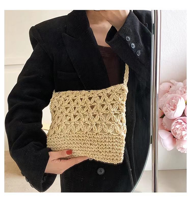 Women's Handle Bags Crossbody Straw Bag, Hollowed-out Flower Straw Bag, Woven Bag, Vacation Beach Bag, Loose Change Mobile Phone Bag_voghion.com
