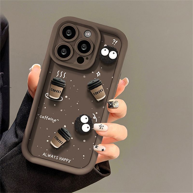 Niedliche Cartoon 3D Kaffee Flüssigsilikon Weiche Hülle für iPhone 15 14 Max 13 12 Pro 11 X XR Objektiv Schutzhülle_voghion.com