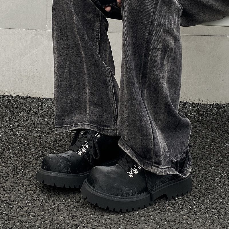 Height Increased By 5CM, Casual Derby Velvet Textured Leather Shoes, Lace Up Round Toe Thick Sole, All Season British_voghion.com