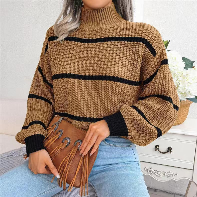 Suéter feminino casual listrado com manga lanterna e meia gola alta_voghion.com