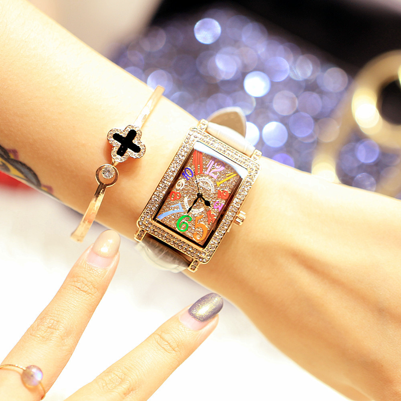 Internet famous fashionable women's with rectangular diamond inlay, colored digital real belt, trendy and waterproof_voghion.com