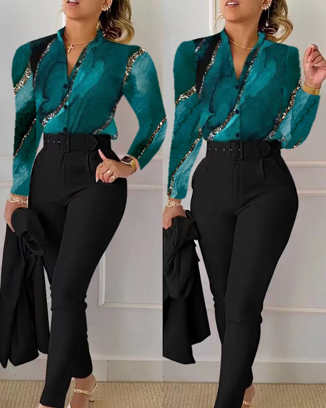 Damenmode-Modedruck-Langarmoberteil einfarbiges Hosenset mit Gürtel_voghion.com