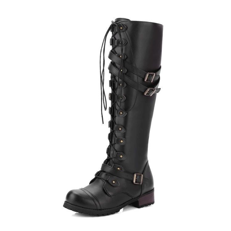 New Plus Size Knight For Women, Low Heel, Flat Bottomed, Round Toe, Belt Buckle, Cross Strap, Long Boots_voghion.com