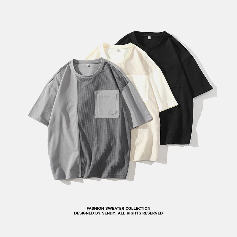 Weißer Hintergrund, flach, neue Sommerkleidung für Herren, lockere Kleidung, trendiges, kurzärmeliges T-Shirt für Studenten, fünf Punkte 140_voghion.com