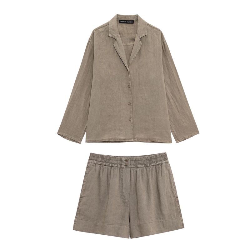 Abbigliamento estivo da donna, nuovo stile, camicia a maniche lunghe in lino con scollo a V e pantaloncini a vita media_voghion.com