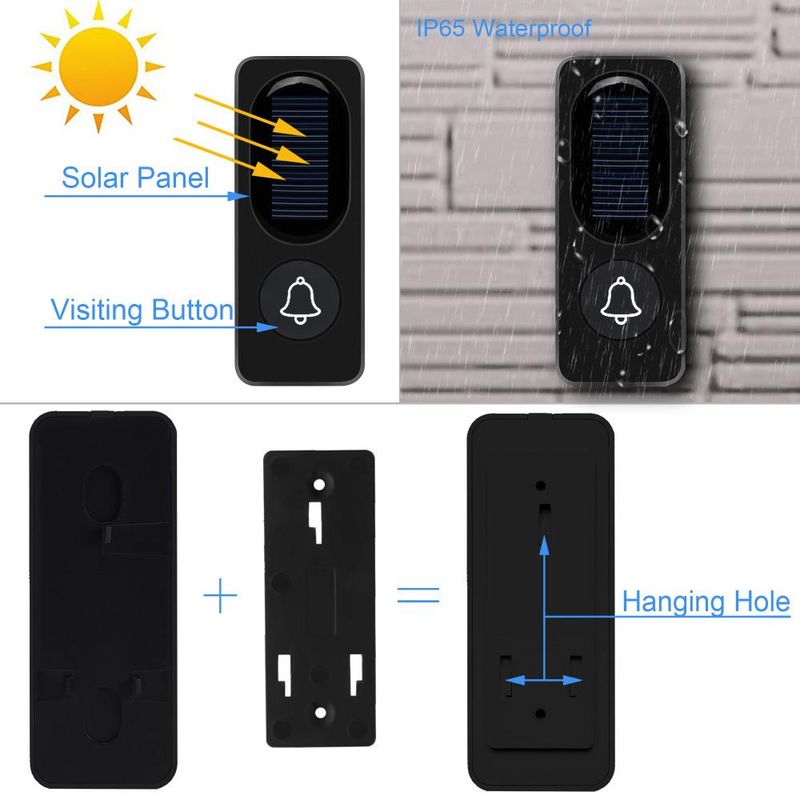 Max. 300 m Reichweite Solarbetriebene drahtlose wasserdichte IP65-Türklingel mit Sender + EU-US-UK-Steckerempfänger Türklingel-Kit MYY_voghion.com