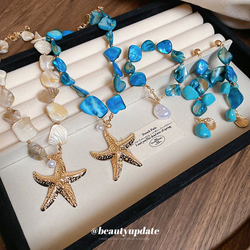 Unregelmäßige Muschel, Seestern, Perlenkette, Armband, Ring, Strandurlaubsstil, Schlüsselbeinkette, leichter Luxus,_voghion.com