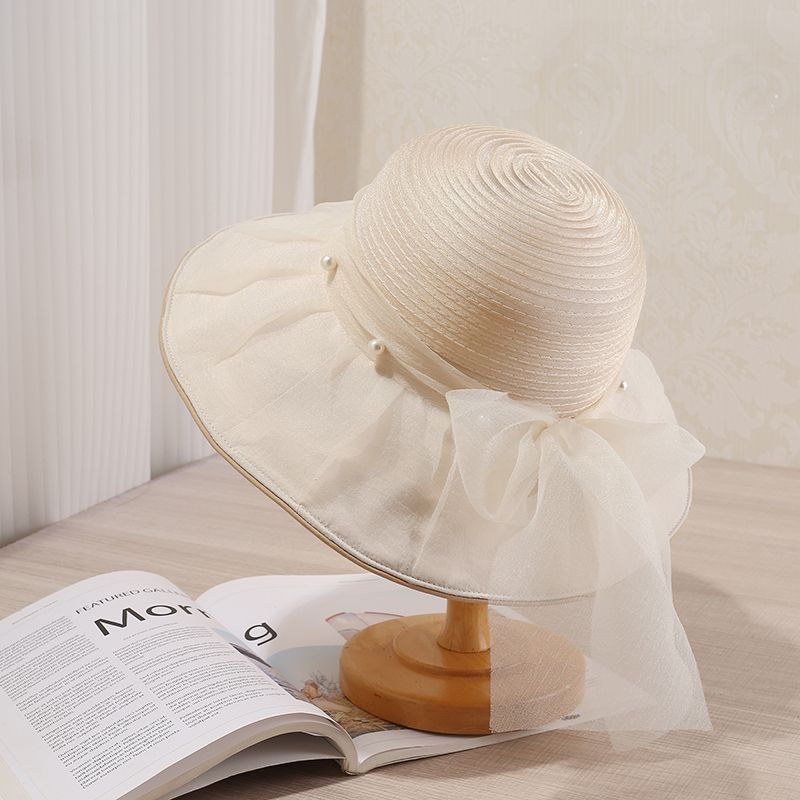 Sommer Neue Perle Bogen Stroh Hut Sonnenschutz UV Eimer Hut Sonnenhut_voghion.com