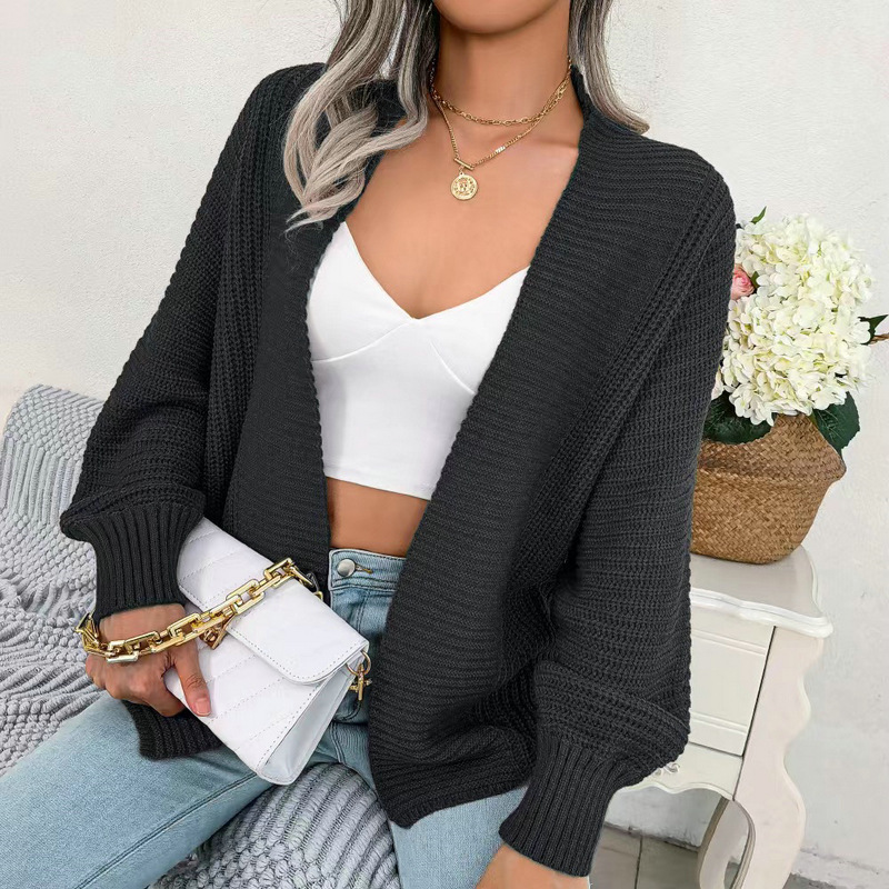Women's casual bat long-sleeved loose cardigan sweater sweater jacket small shirt_voghion.com