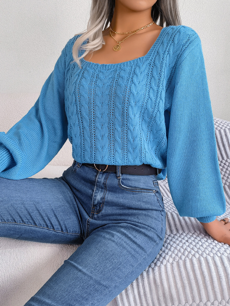 Maglione pullover casual con scollo quadrato e maniche a lanterna in maglia a trecce, moda femminile per autunno e inverno_voghion.com