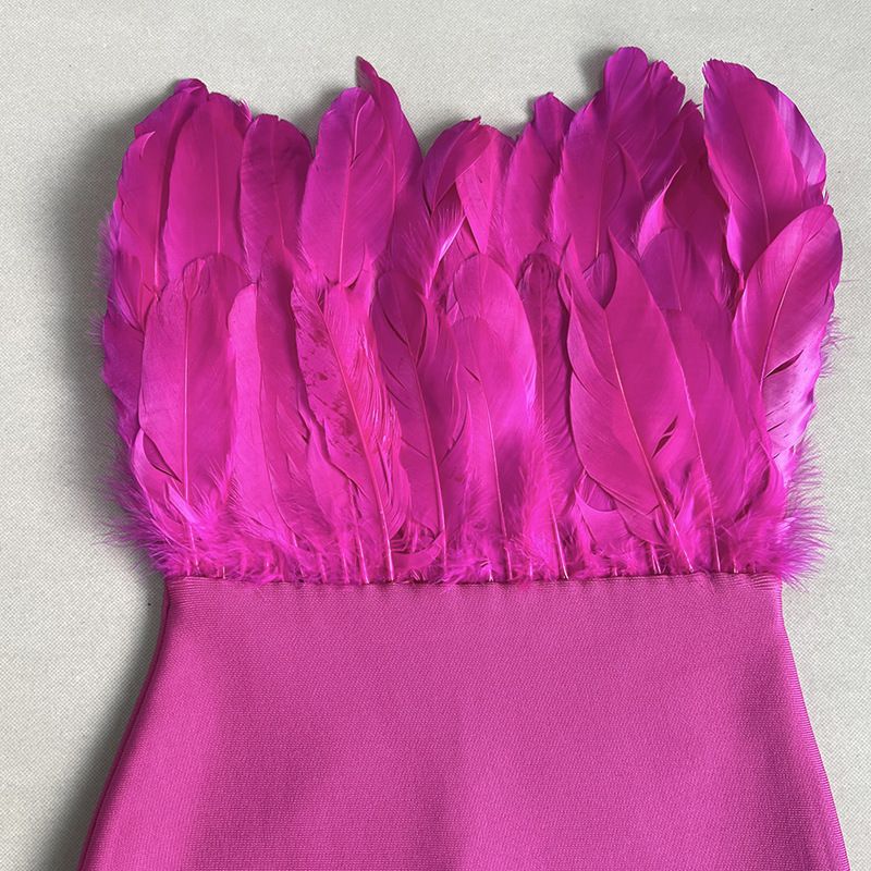 Abito con bende di piume - Abito da sera aderente senza spalline per donna, in poliestere elasticizzato, abbigliamento da discoteca sexy, XS/S/M/L, rosso rosa e marrone scuro_voghion.com