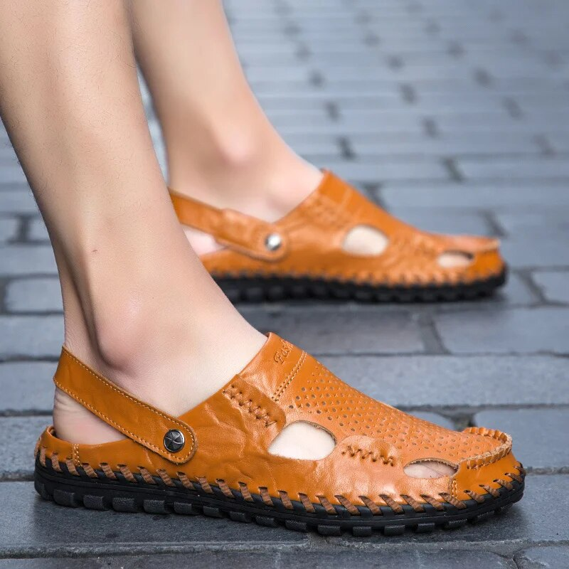 Men's Casual Summer Beach Sandals Closed Toe Walking Outdoor Sandals Slip-On Comfortable Leather Shoes For Man_voghion.com