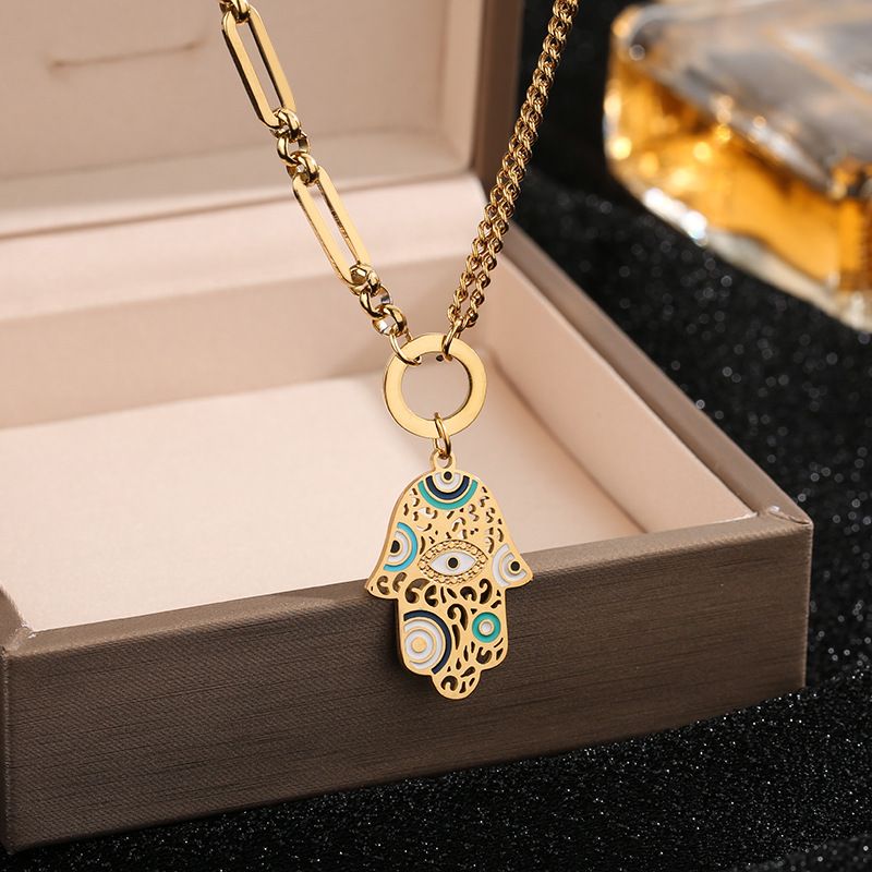 Collezione Mystic Eye - Set di gioielli con ciondolo a forma di palma dipinta in stile europeo e americano, in acciaio al titanio_voghion.com