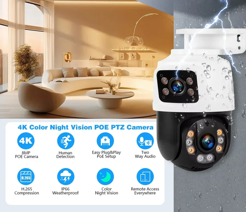 8MP 4K-objektiv POE PTZ Doble skjermer Smart hjem 360° kablet videoovervåking IP-kamera Bevegelsesdeteksjon CCTV ICsee_voghion.com