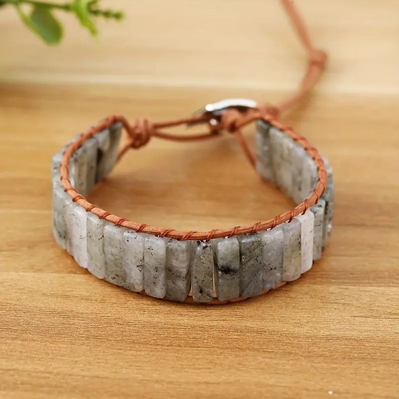 Bohemian Beaded Bracelet For Men And Women, Handmade Leather Wrap Bracelet With Gemstone Beads, Adjustable Unisex Wristband For Everyday Wear_voghion.com