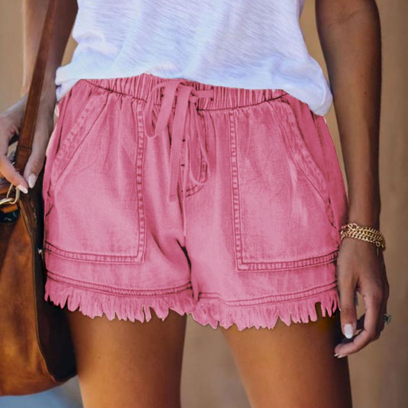 Pantaloncini in denim snellenti a vita alta con coulisse e elastico in vita da donna_voghion.com