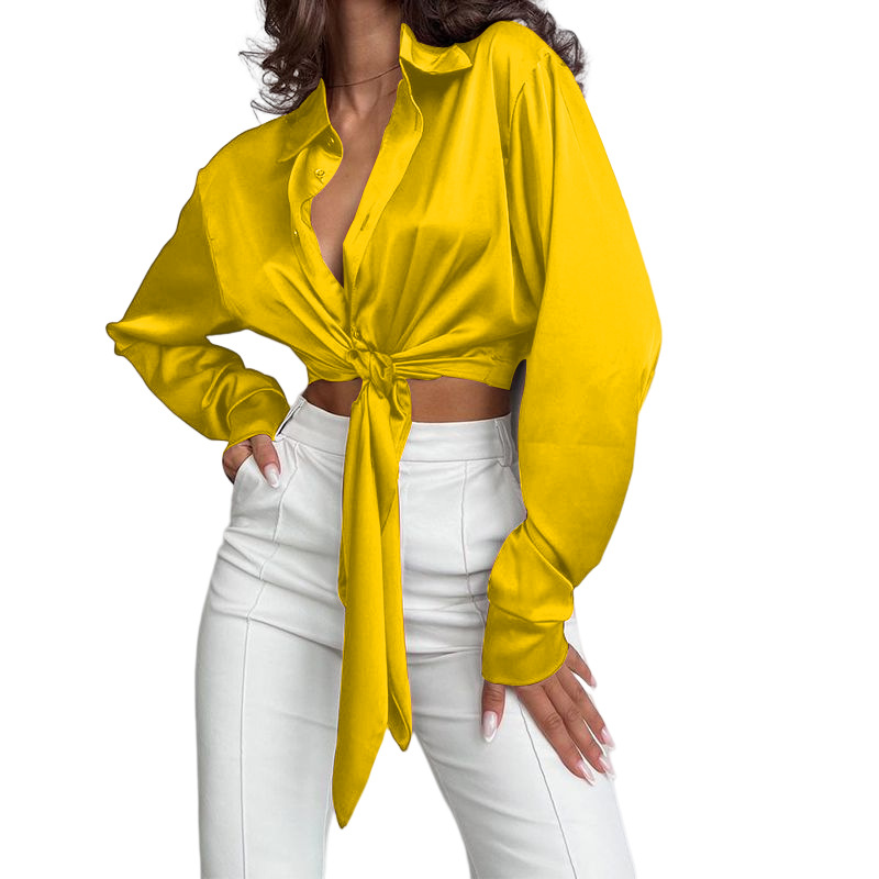 Top da donna a maniche lunghe con collo a polo in raso di seta casual dal temperamento solido_voghion.com