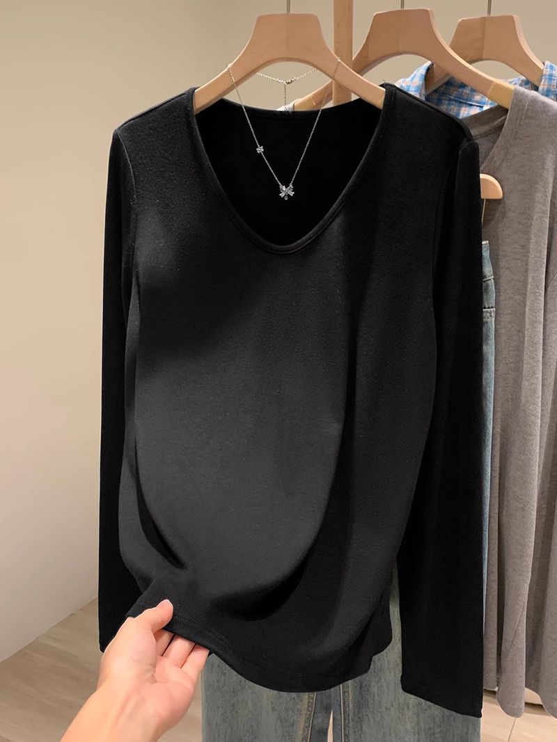 Maglietta bianca basic da donna, semplice maglietta tinta unita con scollo a V, scollatura a V, versatile manica lunga interna 2025 primavera_voghion.com