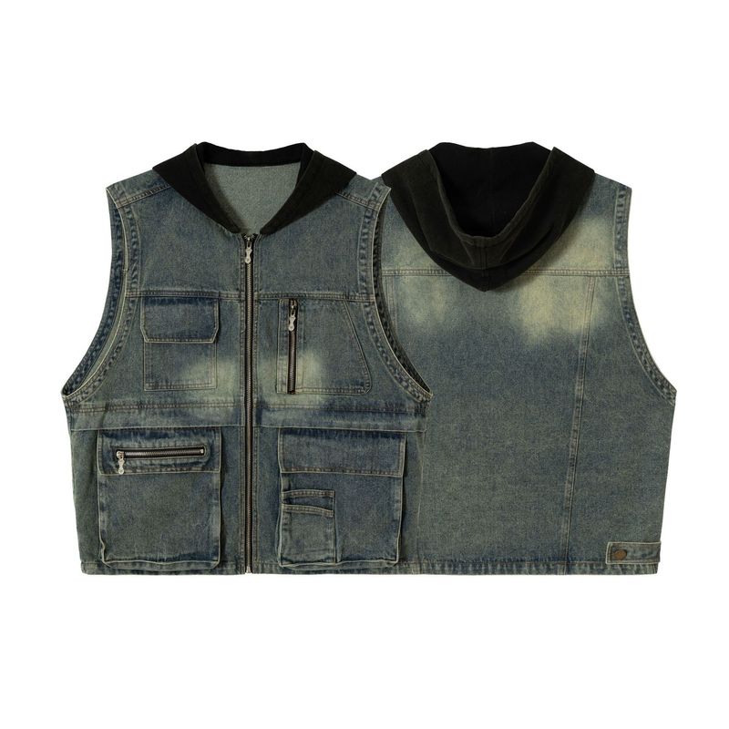 Eon Modish 2025 Autumn New American Street Style Functional Multi-Pocket Hooded Denim Vest Jacket_voghion.com