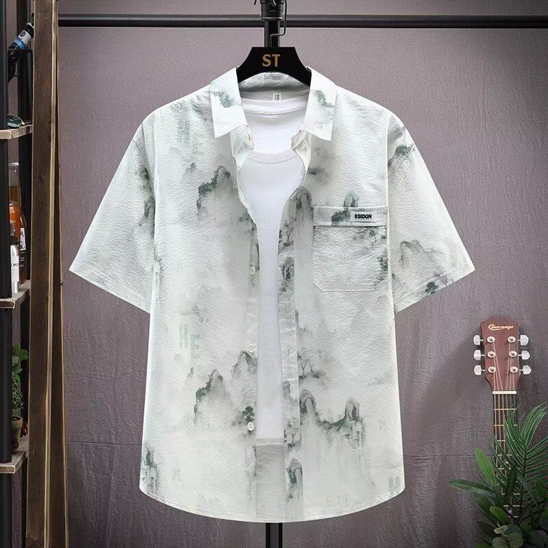 Camicia da uomo a maniche corte, vestibilità comoda, con stampa di paesaggio cinese, tessuto traspirante in seta ghiacciata (taglie dalla M alla 4XL)_voghion.com