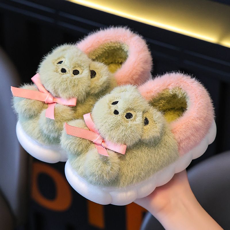Pantofole invernali in cotone per bambini da donna, con velluto spesso e suola calda e morbida, pelliccia antiscivolo con orsetto dei cartoni animati_voghion.com