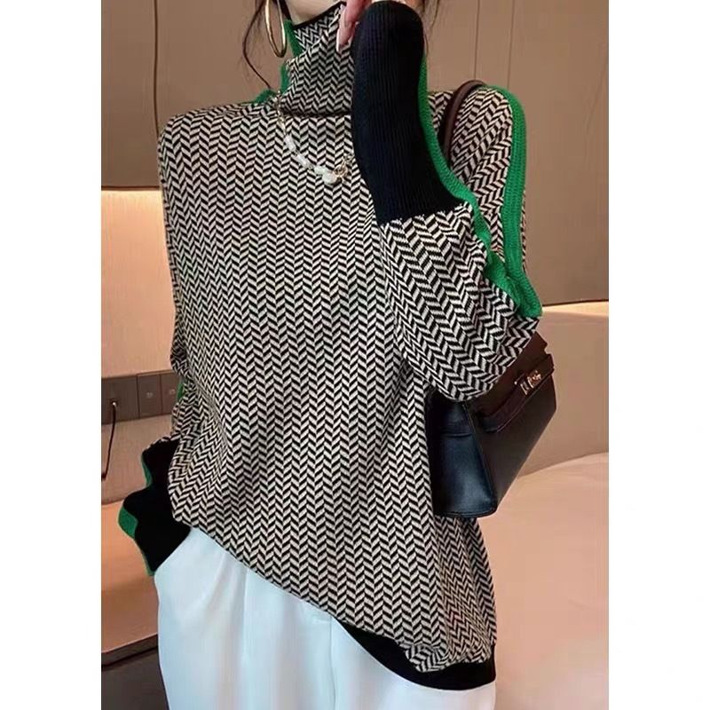 Women's Oversized High Neck Knit Sweater - Soft Acrylic Blend, Color Block Sleeves, Cozy Winter Pullover, Casual Loose Fit, Fashionable 3D Effect_voghion.com