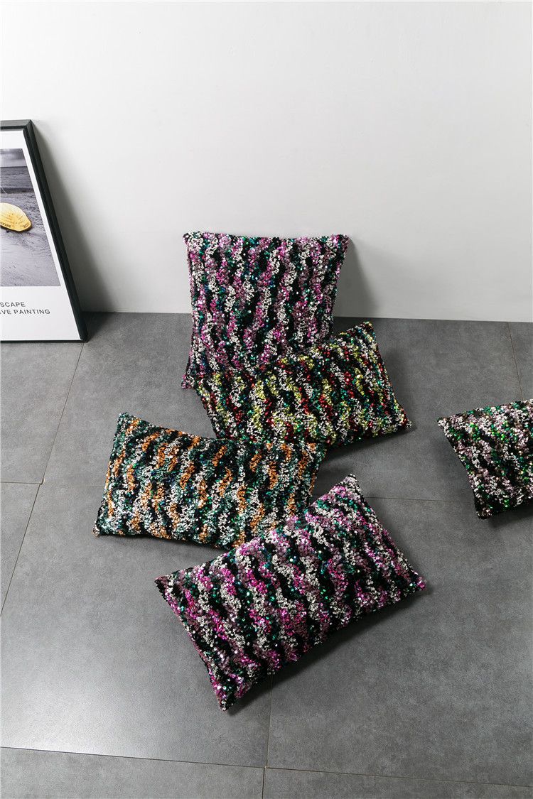 American-style High-density Color Large Wave Embroidered Sequin Pillow Nordic Model Room Color Sequin Sofa Cushion_voghion.com