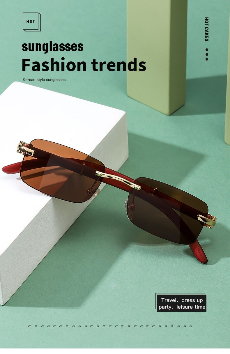 Occhiali da sole rettangolari senza montatura alla moda da donna, occhiali da vista quadrati vintage, design retrò, montatura in legno, occhiali da sole sfumati_voghion.com